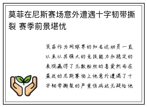 莫菲在尼斯赛场意外遭遇十字韧带撕裂 赛季前景堪忧